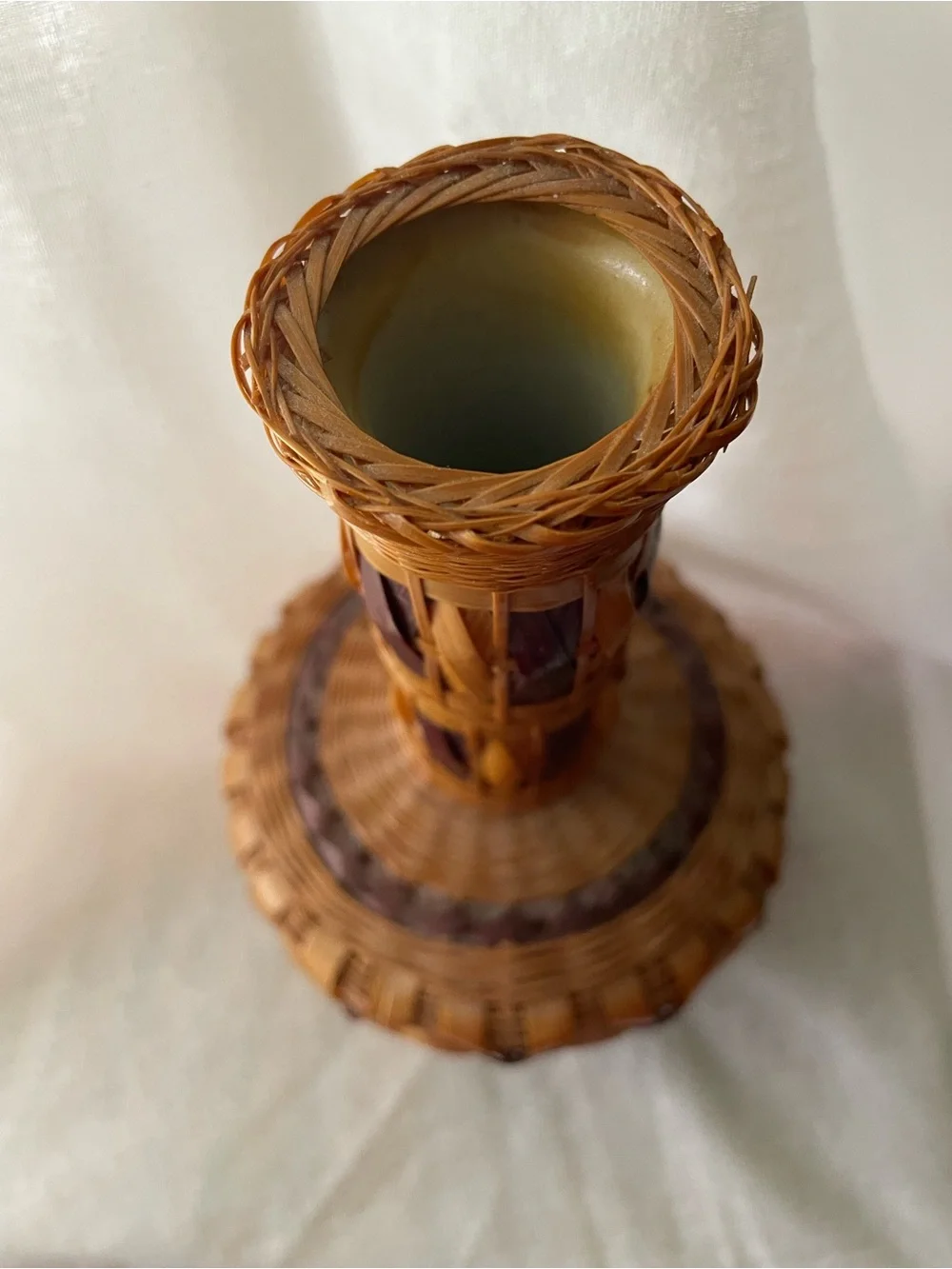 Vintage Chinese Wicker Rattan Basket Bud Vase Geometric Flower Vessel